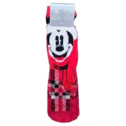Disney Adult Socks - Fuzzy Red Plaid Holiday Santa Mickey